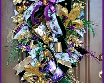 Mardi Gras Swag, Carnival Wreath, Deluxe Mardi Gras Wreath, Jewel Wreath, Fat Tuesday Wreath, Mardi Gras Decor