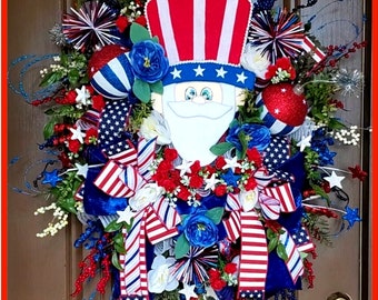 Patriotic Wreath,Memorial Day Decor, Fourth Of July Wreath, Uncle Sam Wreath, Red White Blue Decor, Independence Day, Memorial Day Wreath