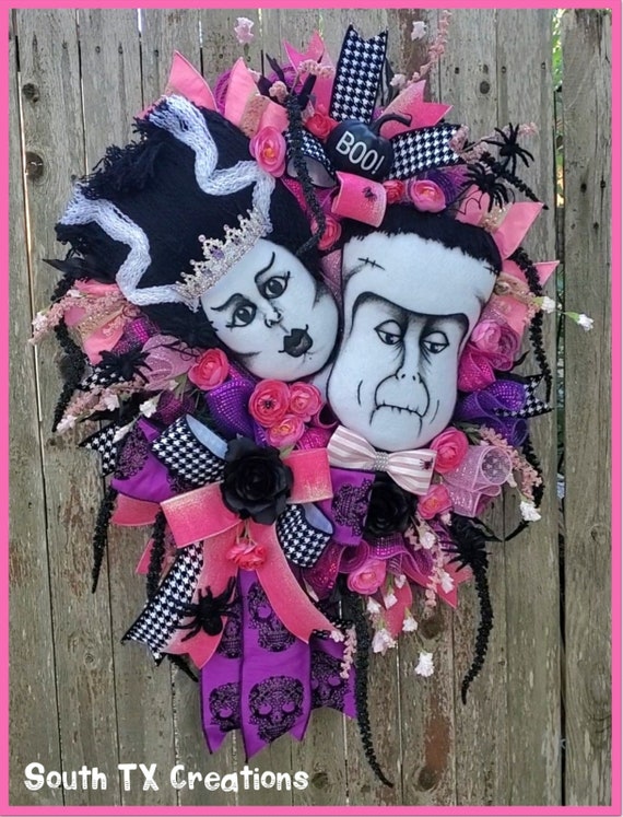 Halloween Wreath, Frankenstein Wreath, Bride of Frankenstein Wreath, Spooky Wreath, Whimsical Wreath, Halloween Decor, Halloween Front Door