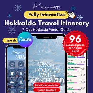 Itinerario digital de viaje a Hokkaido para el invierno de 2026: Guía interactiva de viaje a Japón de 7 días (totalmente editable) con planificador de viaje Canva.