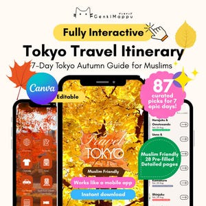 Puede incluir: Un itinerario de viaje digital a Tokio que se muestra en tres teléfonos inteligentes. El diseño presenta hojas de otoño, el texto "Tokyo Travel Itinerary" y "7-Day Tokyo Autumn Guide for Muslims". La guía incluye 87 selecciones y funciona como una aplicación móvil.
