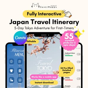 May include: A digital Japan travel itinerary for Tokyo, designed for first-timers. The Canva-editable itinerary includes 55 curated picks for 5 epic days. Features include a menu, overview, and clothing options. Works like a mobile app with instant download.