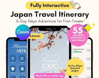 Itinerario di viaggio digitale di 5 giorni a Tokyo / Guida interattiva del Giappone / Completamente modificabile / pianificatore di viaggio Canva