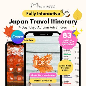 Peut inclure: Un itinéraire de voyage numérique au Japon pour les aventures d'automne à Tokyo. La conception présente une interface d'application mobile avec le texte "Japan Travel Itinerary" et "7-Day Tokyo Autumn Adventures." Comprend 83 sélections et 27 pages détaillées.