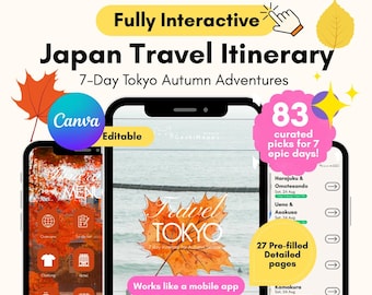 Tokyo Autumn Digital Travel Itinerary | 7-Day Japan Travel Guide | Fully editable | canva trip planner