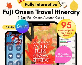 7 day Mount Fuji & Onsen Autumn Retreat Digital Travel Itinerary | Interactive Japan Travel Itinerary | Fully editable | canva trip planner