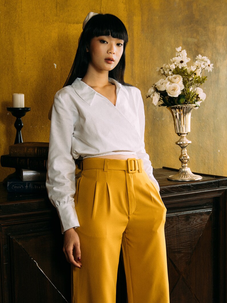 Mustard Yellow Belt Pants With High Waist and Straight Wide Etsy