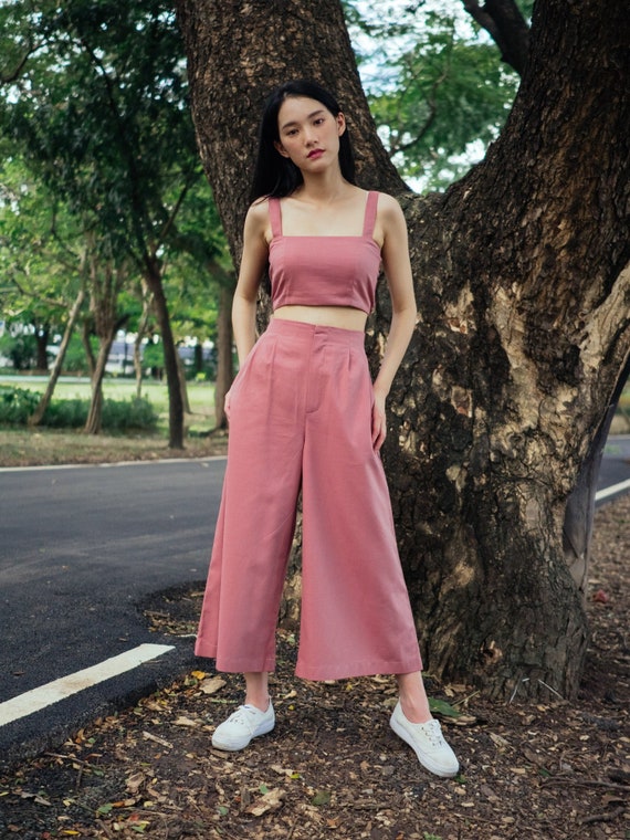 Rose Pink Cotton Linen Pants With Cropped Wide Leg Zipper and - Etsy