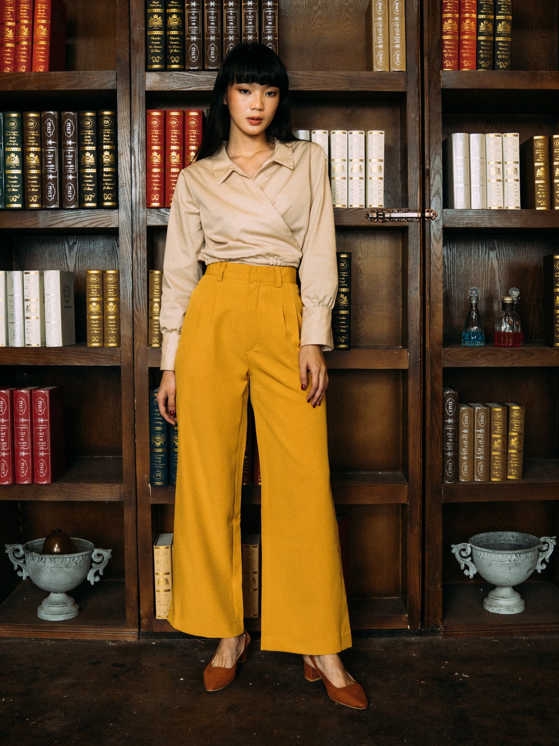 Mustard Yellow Belt Pants With High Waist and Straight Wide Etsy