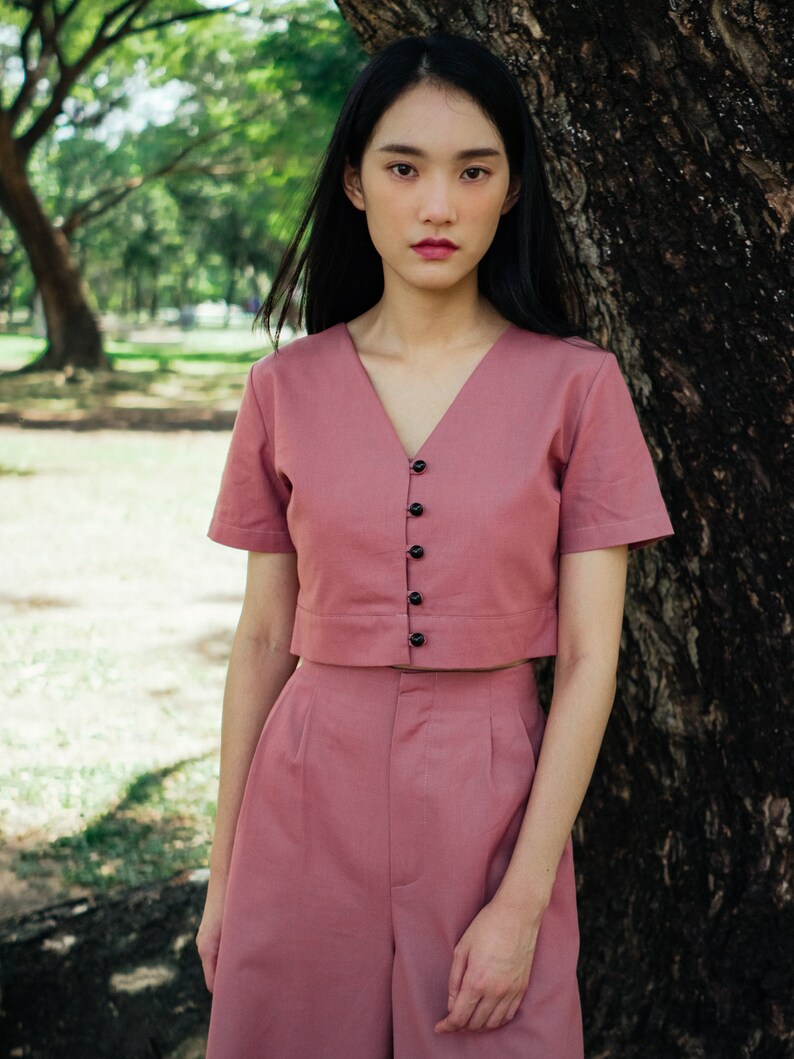 Rose Pink Cotton Linen Crop Top With V-neck Button Through - Etsy