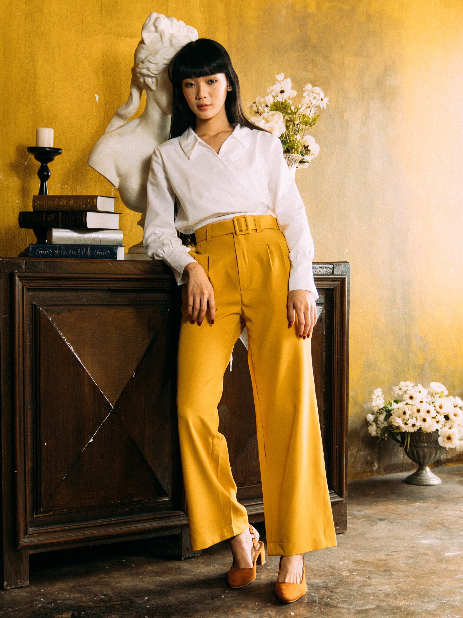 Mustard Yellow Belt Pants With High Waist and Straight Wide Etsy