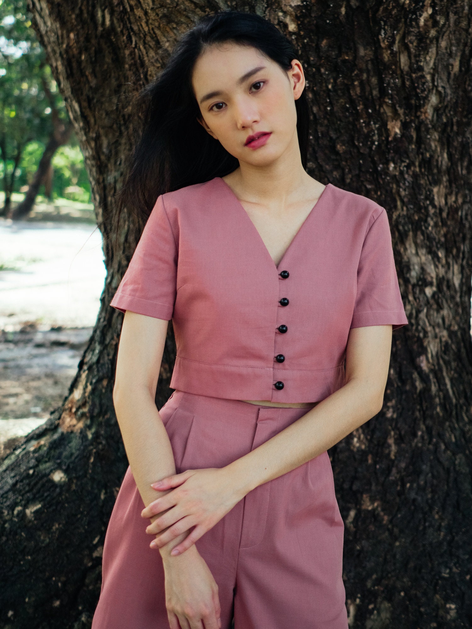 Rose Pink Cotton Linen Crop Top With V-neck Button Through | Etsy