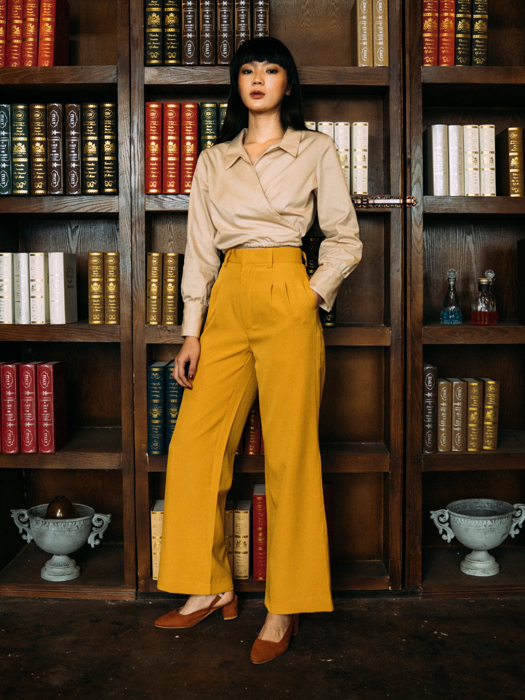 Mustard Yellow Belt Pants With High Waist and Straight Wide Etsy