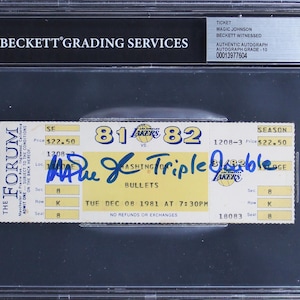 1981 Los Angeles Lakers Full Ticket Magic Johnson Signiert & Beschriftet Beckett 10