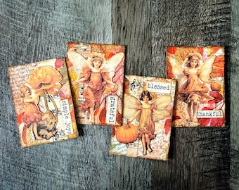 Handmade Fairy Autumn ATC Cards, Vintage Collage Junk Journal Ephemera (Set of 4)