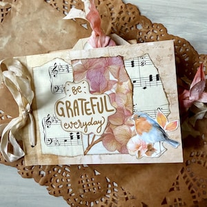 Autumn Gratitude Mini Journal – 5.5 x 4” Handmade Junk Journal with Tags, Tuck Spots & Ribbon Closure, greeting card, gift card holder