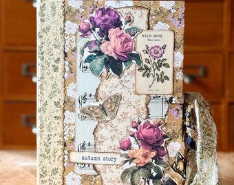 Handmade Autumn Junk Journal, Vintage Ephemera, Sari Silk Closure (8.5x6 inches)