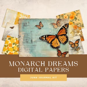 Monarch Butterfly Junk Journal Kit, Vintage Style digital papers for journaling, scrapbooking, card making and crafting.  Butterflies