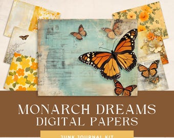 Monarch Butterfly Junk Journal Kit, Vintage Style Papers (Digital Download)