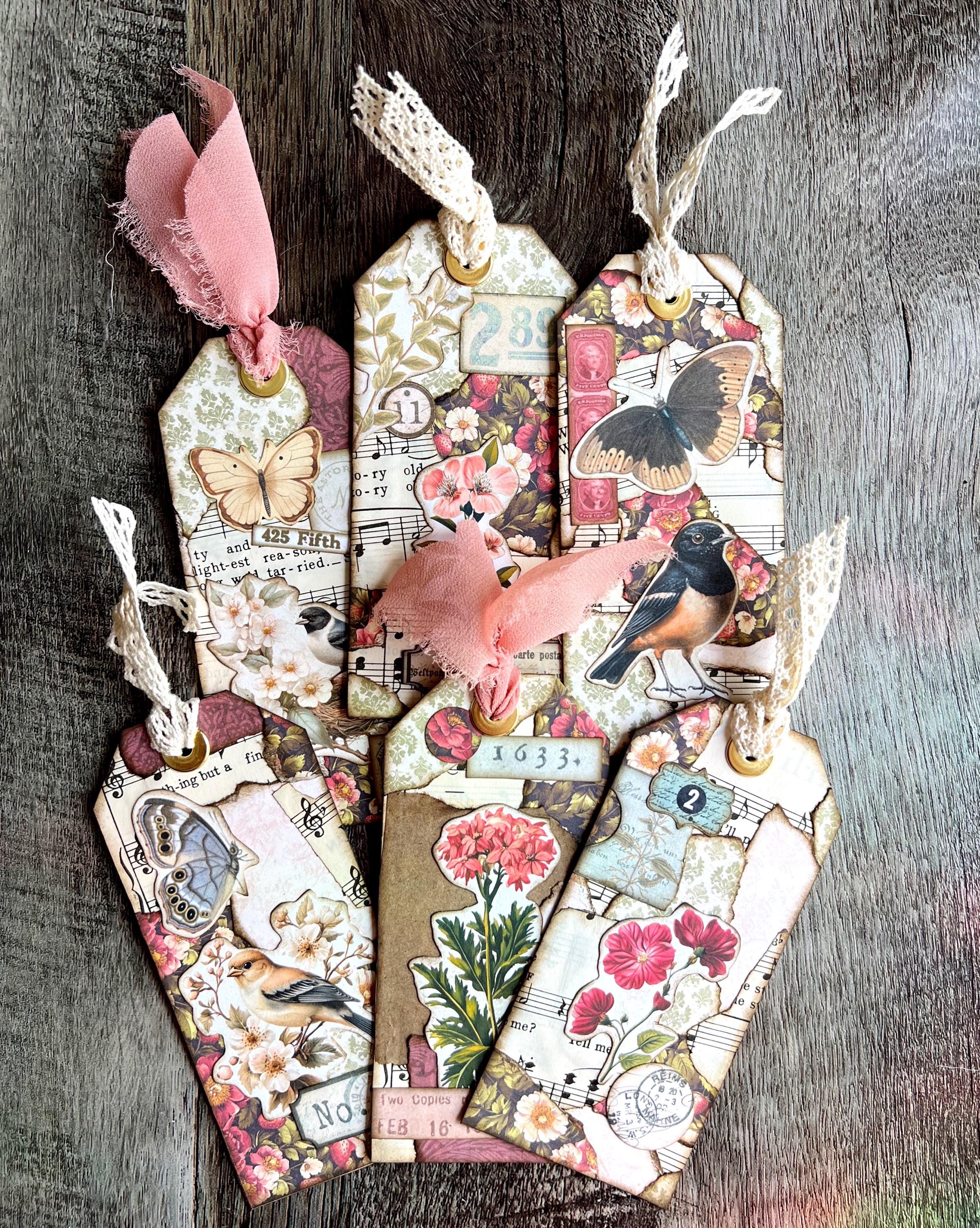 Romantic Junk Journal Tags, Set of 6 Handmade Tags with Ribbon, Vintage Sheet Music, Floral and Bird Ephemera in Red, Pink and Green