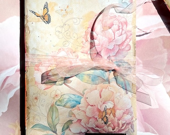 Blank Peoney and Butterflies Junk Journal. Journal with tons of beautiful images and journaling pages, pockets, tags and ephemera.