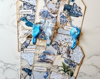 Whimsical Junk Journal Tags: Handmade Blue Floral Bird & Animal Set