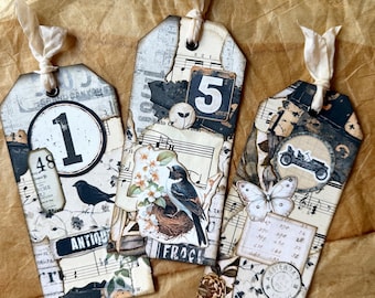 Vintage Sheet Music Tags: Floral Birds & Butterflies, Grungy Junk Journal Ephemera (Set of 3)