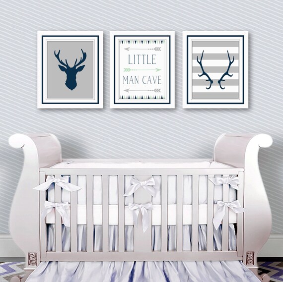 Baby Boy Nursery Decor Antlers Deer Head Arrows Little Man Cave Navy Grey Mint Art For Little Boys Room Boys Room Ideas