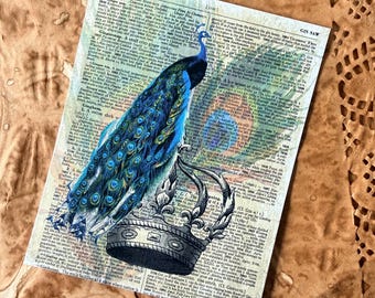 Vintage Peacock Collage Print, Digital Download, Antique Dictionary Page, Victorian Style Wall Decor