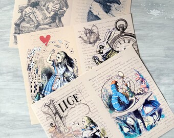 May include: A collection of vintage-style prints featuring illustrations from "Alice's Adventures in Wonderland." The prints showcase scenes with Alice, the White Rabbit, a cat, and playing cards, in a mix of black, white, and blue tones.
