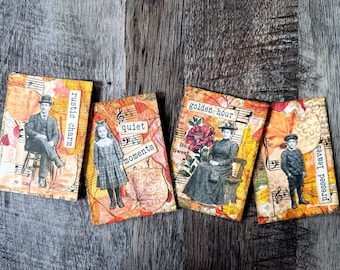 Vintage Autumn ATC Cards, Handmade Collage Ephemera, Junk Journal Supplies (Set of 4)