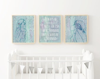 Mermaid Nursery Watercolor Art Print Set, Inspirational Quote (Digital Download)