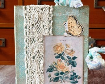 Handmade mini hard cover junk journal, vintage patina themed.