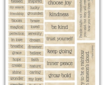 Printable Inspirational Words Sheet, Motivational Phrases for Junk Journals, Tags, Scrapbooking, Card Making, and Paper Crafts