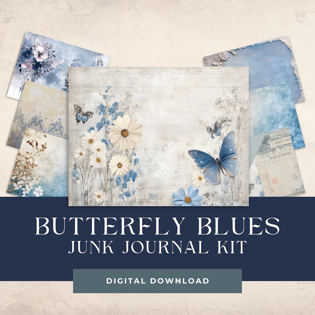 Vintage Butterfly Floral Printable Papers. Blue Junk Journal Pages ...