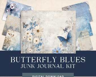 Vintage Butterfly Floral Printable Papers.  Blue Junk Journal Pages, Scrapbooking, Card Making, Digital Download
