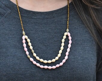 Handmade Women's Necklace Recycle Paper Beads Pink and Cream Beads Gold Double Strand Fair Trade Necklace Uganda Africa Minimalist "Martha"