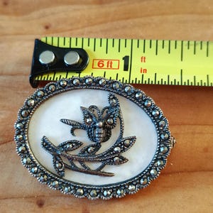 Antique Mother of Pearl Brooch: Silver Floral Design