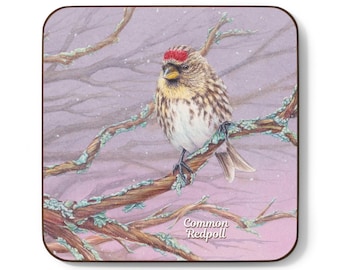 Common Redpoll | Hardboard Back COASTER | Bohan Art Songbird Collection #2 | Watercolor Art, Bird Painting, Wildlife, Nature | 3.5" square