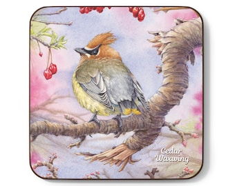 Cedar Waxwing | Hardboard Back COASTER | Bohan Art Songbird Collection #1 | Watercolor Art, Birder Gift, Bird Painting | 3.5 inches square