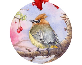 Adorno navideño Cedar Waxwing con cinta / pintura de vida silvestre en acuarela, decoración navideña, decoración del hogar de regalos de aves, arte de aves, acrílico