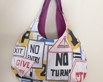 Handmade Shoulder Bag, 80's, street sign, vintage sheet, refashioned, handsewn.
