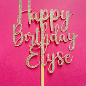 Personalized glitter Happy Birthday cake topper - Custom gold happy birthday topper