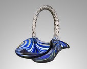 Italian murano striped blue and yellow glass basket - bon bon glass basket from Italy - sweetie glass basket with blue and yellow stripes