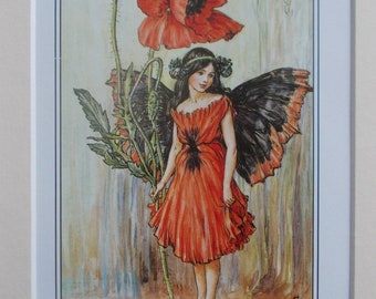 POPPY Flower Fairy / Fairies Cecily Mary Barker in 10in x 8in Ivory Mount  8in  x 6in  Print