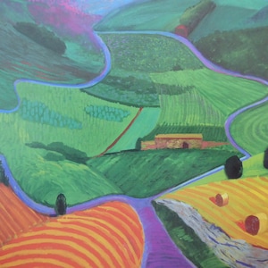 May include: A landscape painting depicting rolling hills and agricultural fields in shades of green, yellow, and orange. A winding purple path snakes through the terrain, leading towards a small stone building nestled among the vibrant, textured fields.