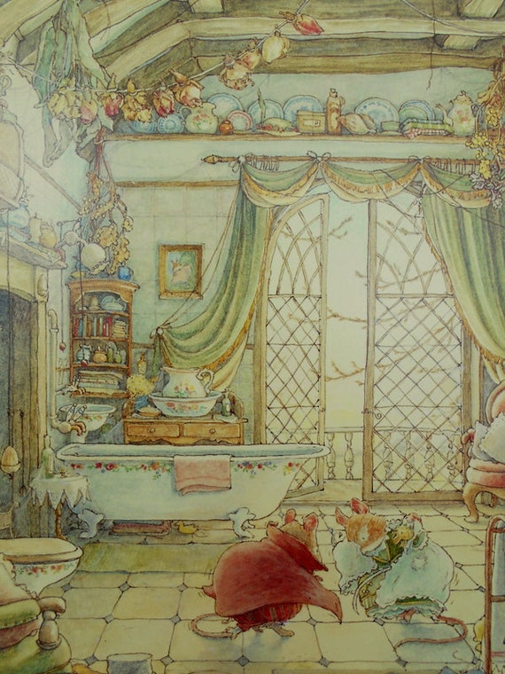 THE BATHROOM - Brambly Hedge - Jill Barklem mounted print 12 x 10 Ivory  Mount