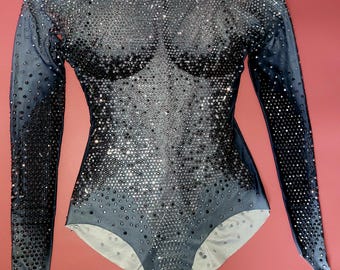 Grey silver sparkly rhinestone bodysuit body Illusion rave clubbing costume 8-10