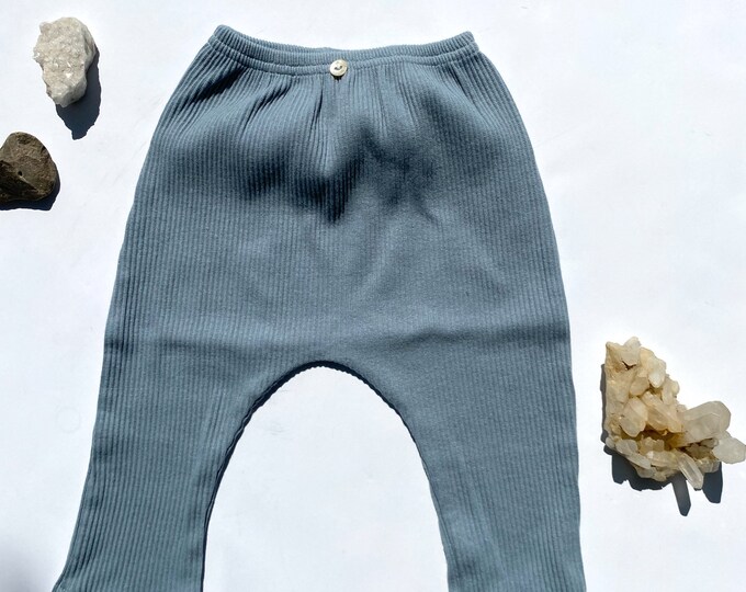 Hand dyed gender neutral sky blue ribbed cotton jogger gypsy hippie boho baby pants leggings-12-18M