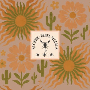 May include: A repeating pattern featuring stylized suns, flowers, and cacti in shades of orange, green, and tan. The design includes the text "SCORPIO REBEL STUDIOS" around a scorpion image, with three stars below.